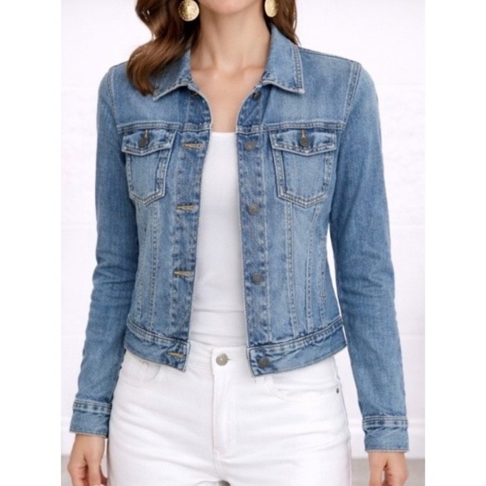 Abercrombie & Fitch Button Front Denim Trucker Jacket Womens M Blue Wash Stretch